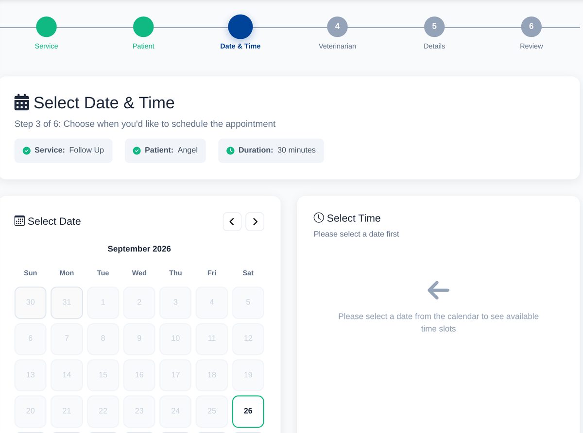 The client portal booking wizard at step 3 of 6, Date and Time: the chosen service and patient are confirmed above a September calendar with today highlighted, and a panel asking the client to pick a date to see available time slots.
