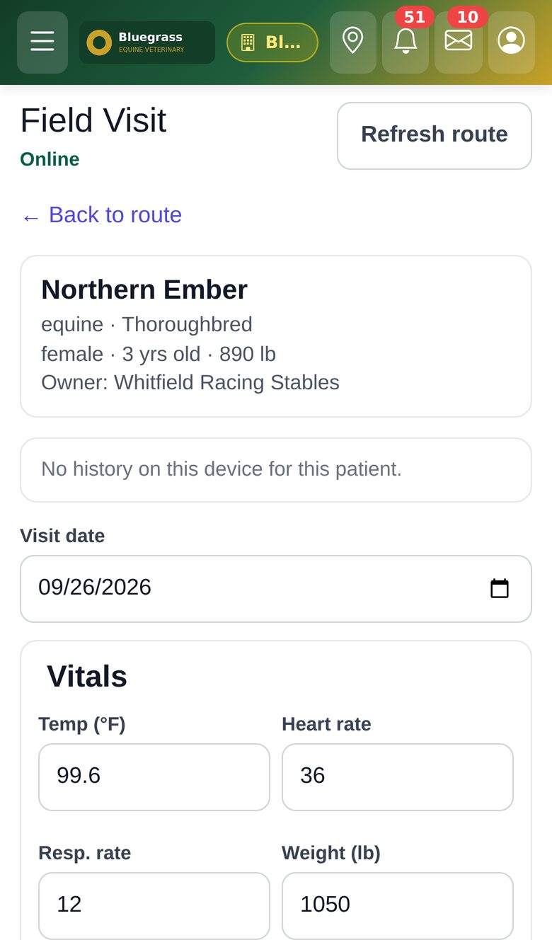 Field Visit on an iPhone: a patient card for Northern Ember, a Thoroughbred mare, above the visit date and a Vitals form already holding temperature 99.6, heart rate 36, respiratory rate 12 and weight 1050 lb.