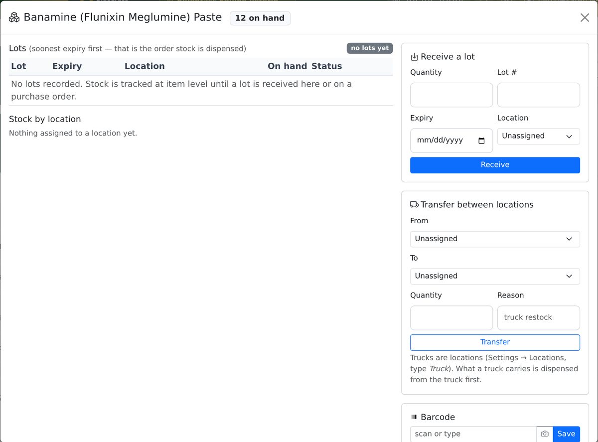 An inventory item's Lots and locations window: a lots table sorted soonest expiry first, stock by location, a Receive a lot form with quantity, lot number, expiry and location, a Transfer between locations form with a note that trucks are locations, and a barcode field.
