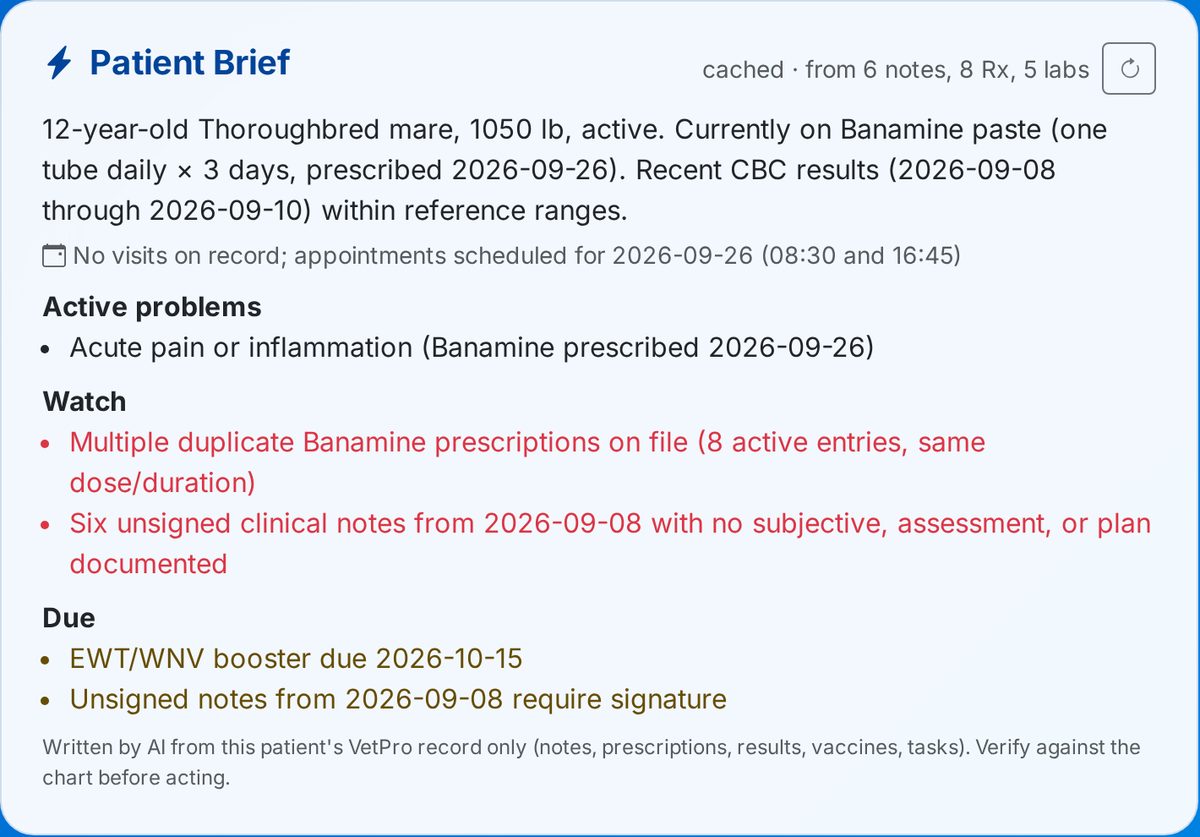 A Patient Brief card: a 12-year-old Thoroughbred mare on Banamine, recent CBC within reference ranges, active problems, two items to watch flagged in red, and a due list including an EWT/WNV booster — with the footnote that it was written by AI from this patient's VetPro record only.