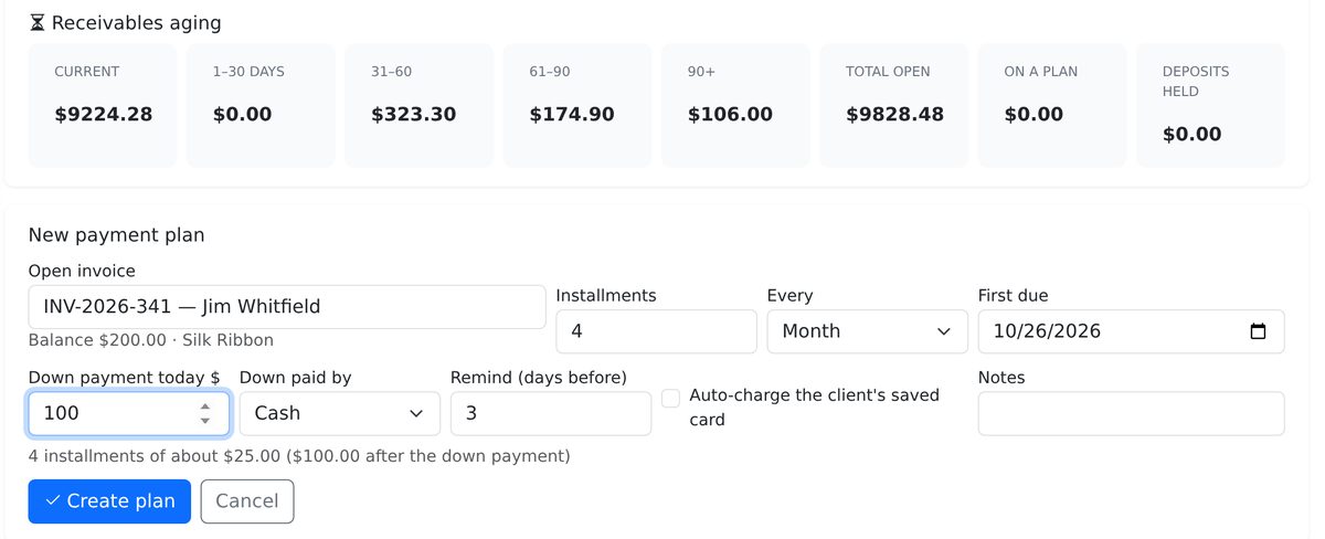 The New payment plan form on the practice's Plans and Deposits page: an open invoice selected, four monthly installments, first due date, a $100 down payment paid by cash, reminders three days before, and a checkbox to auto-charge the client's saved card.